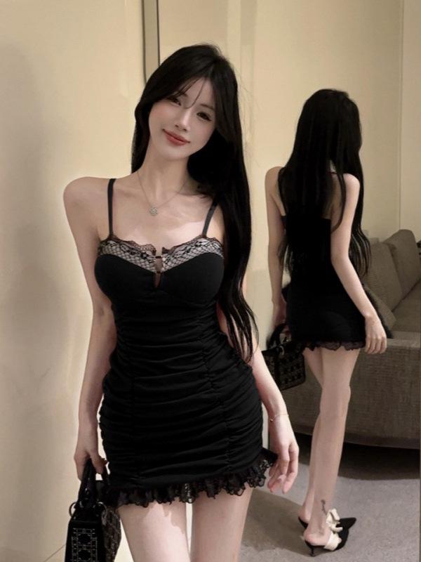 Chic Cotton Lace Patchwork Bodycon Camisole Dress for Women - Nightclub Style Hip-hugging Skirt