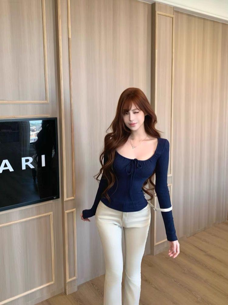Korean Style Tie-Up Long-Sleeve T-Shirt for Women - Slim Fit Base Layer Top for Autumn/Winter