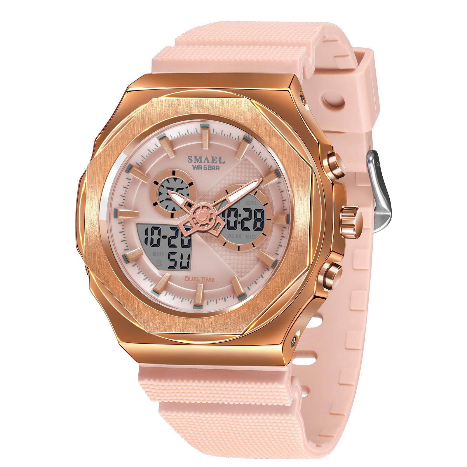 

Sport Watches Women 50M Waterproof Lady Watches Pink Lover Gifts 8102 Dual Time Diaplay Watches Digital LED Back Light розовый