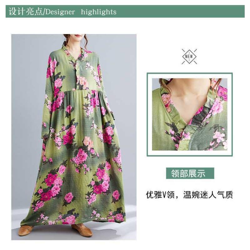 Bohemian Printed Loose Long Sleeve Hem Long Dresses