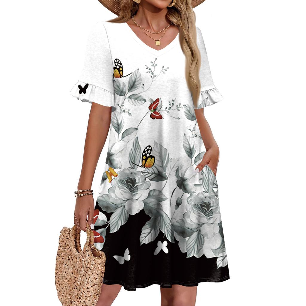 Women A Line Sun Dress Short Sleeve V Neck Printed Dress With Pockets