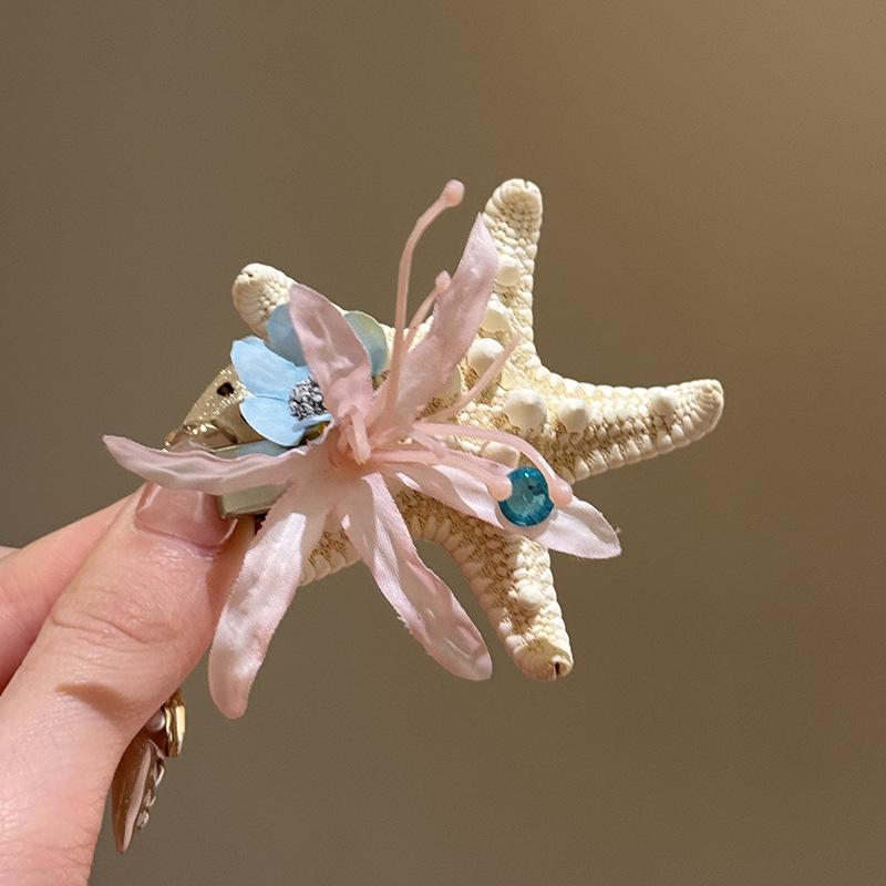 

Новые заколки для волос в виде ракушки морской звезды голубого океана для женщин, милая большая тканевая заколка для волос с цветком, летние пляжные аксессуары для волос