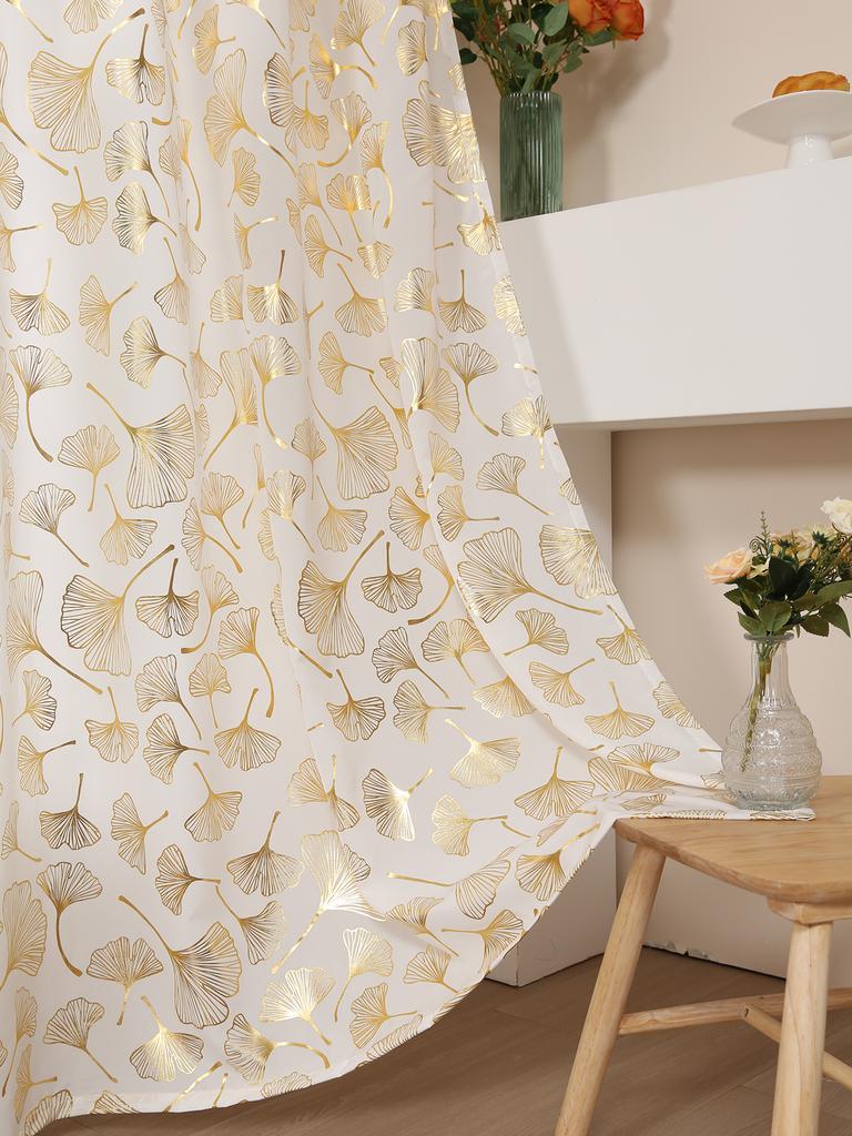 Sheer Curtains for Bedroom Gold Leaf Print White Window Treatment Set Grommet Top