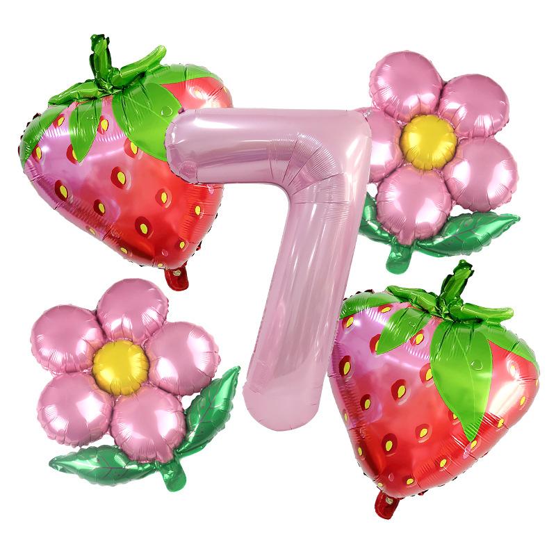 Pink Strawberry Balloon Set, Small Daisy Aluminum Film Decoration, Children'S Birthday Party Anniversary Photo Props