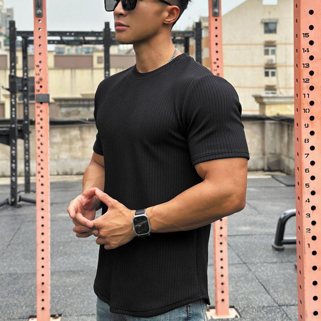American Style Men's Summer Short Sleeve Slim Fit Fitness Top Solid Crew Neck Training T-shirt