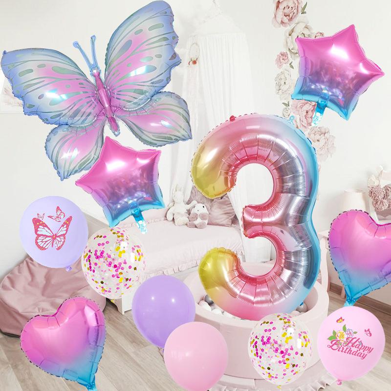 Ice Blue Gradual Change Butterfly Digital Aluminum Film Balloon Set Photo Dream Scene Arrangement Birthday Party