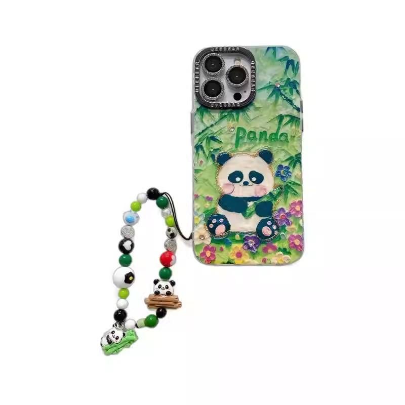 Bamboo Panda Applicable To Apple 16pro Blu-ray Cartoon Mobile Phone Case Oil Painting IPhone 15 Flash Powder Lens Case 14