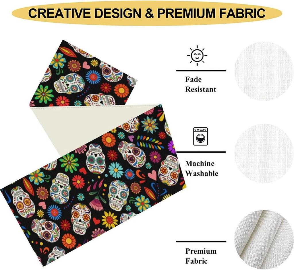 Mexican Day of The Dead Skull Floral Linen Table Runner Tabletop Decor Reusable Kitchen Dining Table Runner Holiday Party Decor