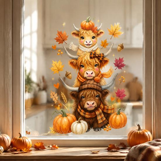 Cute Animal Window Decals Highland Cow Clings, Autumn Pumpkin Maple Leaves Static Seasonal Art Supplies Stickers, Waterproof PVC for Thanksgiving