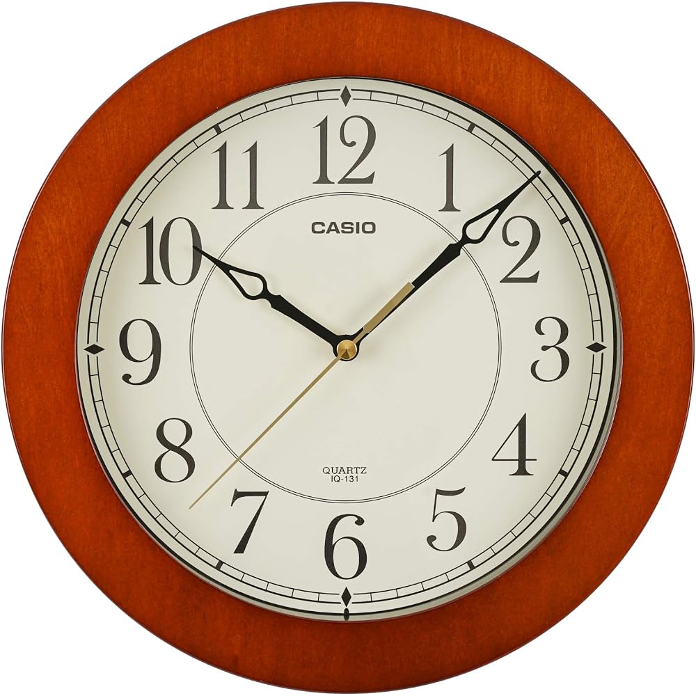CASIO Wall Clock, Brown, Analog, 26cm Diameter, Wooden Frame, IQ-131-5JF