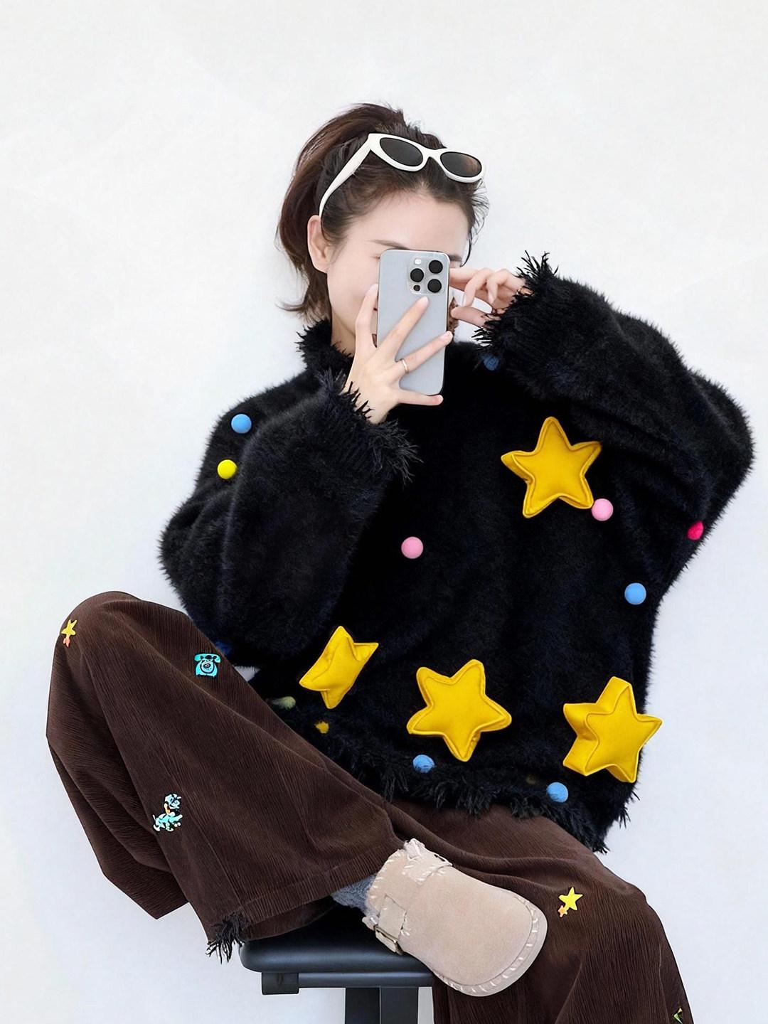 

2025 Winter Lazy Style Black Faux Mink Sweater Coat: Versatile Loose Knit Top for Outerwear or Layering L чорний