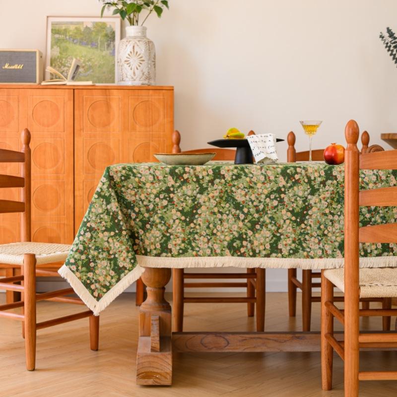 Thick Cotton Linen Floral Tablecloth Rectangular Fringed Table Cover Jacquard Weave 60*60cm