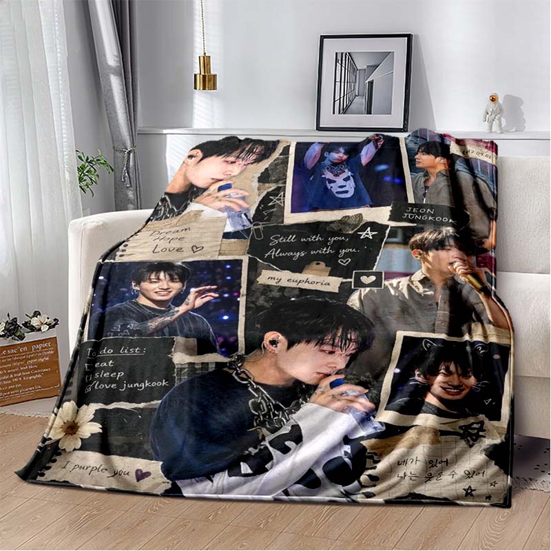BTS Jungkook Black White Stage Collage Flannel Throw Blanket Soft Warm Sofa Bed Cover For Kpop ARMY Fans Bedroom Decor Gift