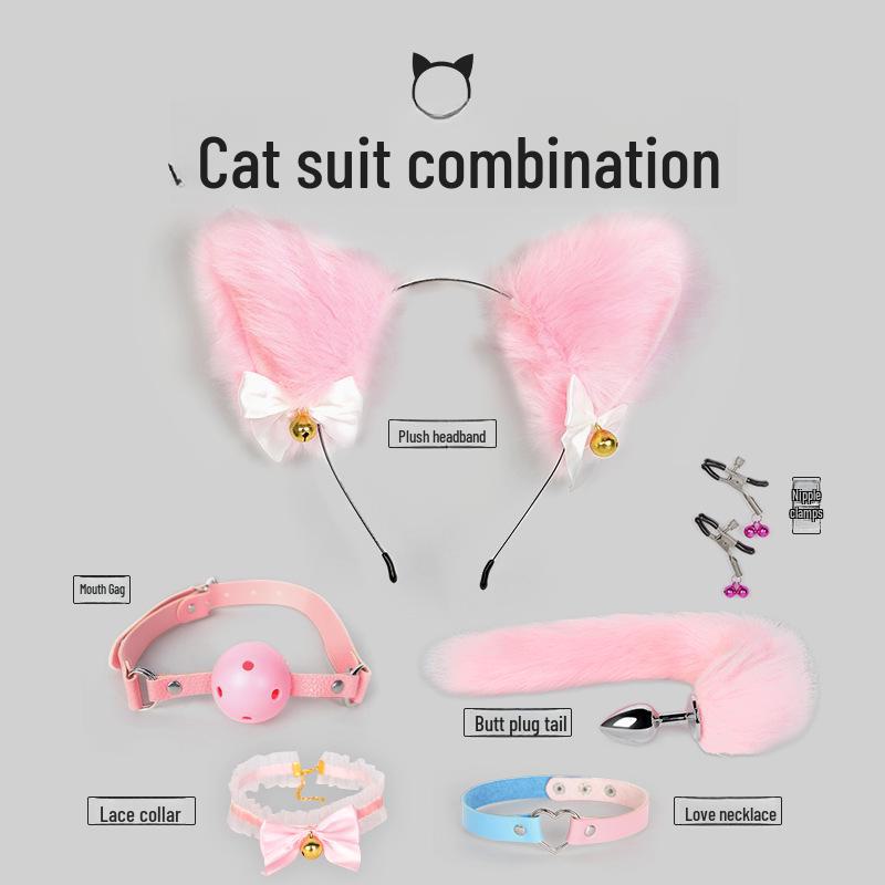 Bondage Katzenanzug mit Schwanz Analplug, Halsband & Knebel
