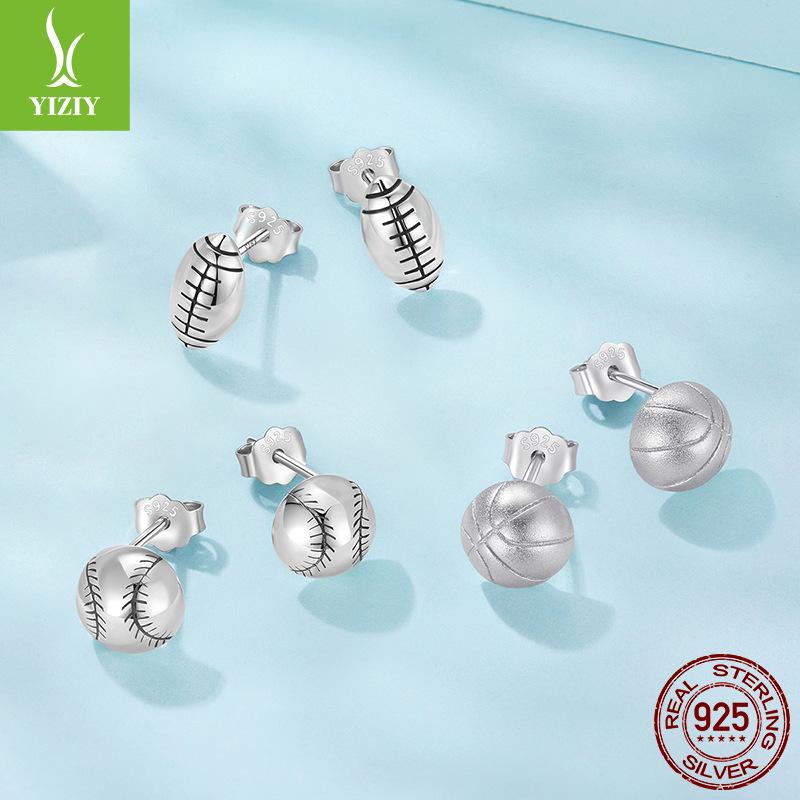 S925 Sterling Silver Basketball Stud Earrings For Men And Women, Personalized Ball Sports Style Baseball Stud Earrings