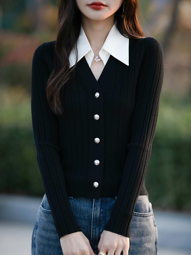 

Женский трикотажный костюм-двойка с воротником поло: Свитер для похудения и модный топ с длинным рукавом XL чёрный