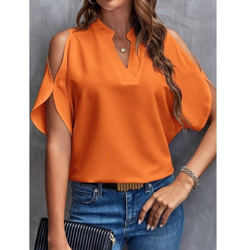 EastRogue Women's Summer Solid Color V-neck Off-the-shoulder Loose Chiffon Top