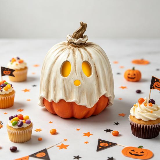 Resin Halloween Ornament Light Up Ghost Pumpkin Decoration, Vintage Detachable Lamp with Figures LED Candle for Kitchen Tabletop Mantel Party