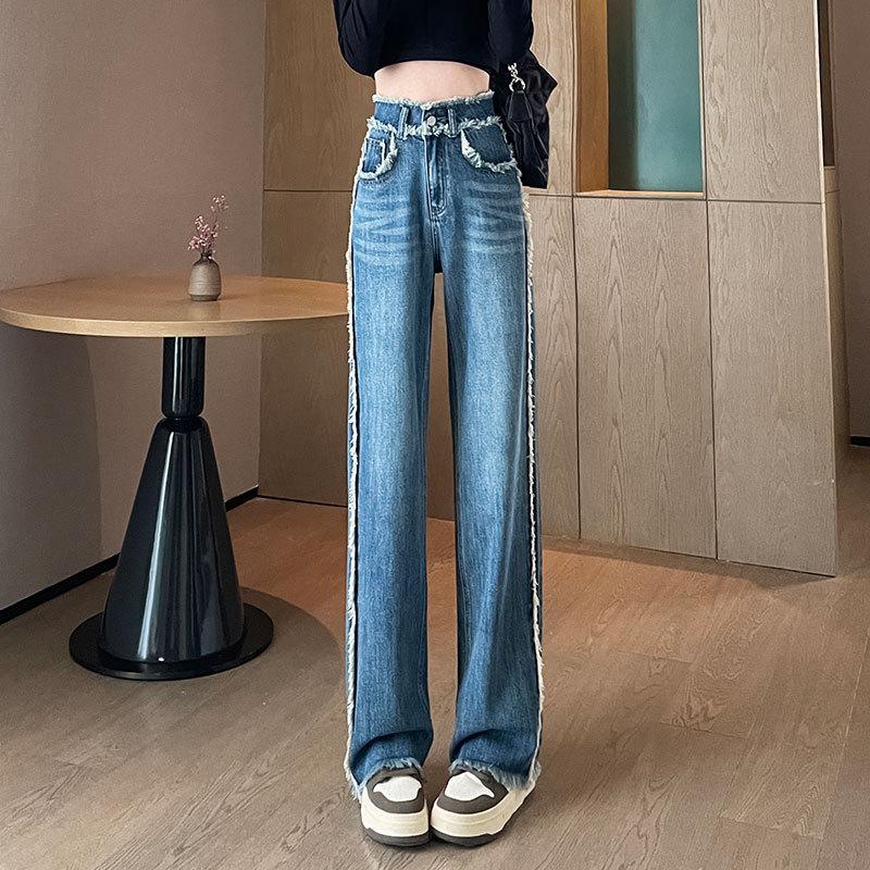 

Широкие джинсы с необработанными краями, женские весенне-осенние прямые брюки с высокой талией и грушевидной формой, длинные брюки 2XL синий