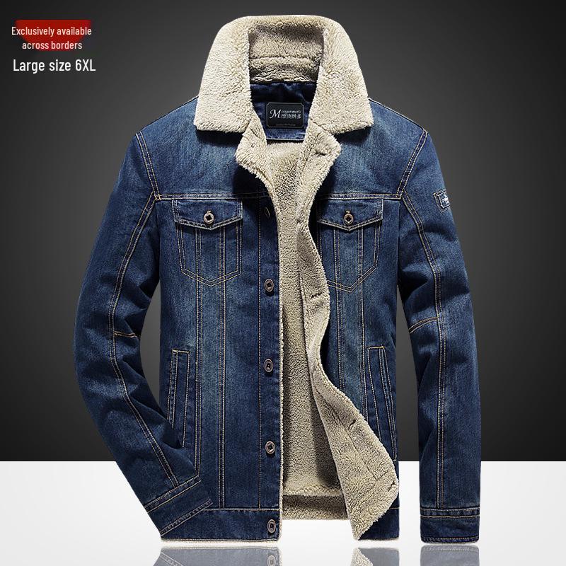 Men's Winter Fleece-Lined Denim Jacket - Loose Fit, Turn-Down Collar, Plus Size