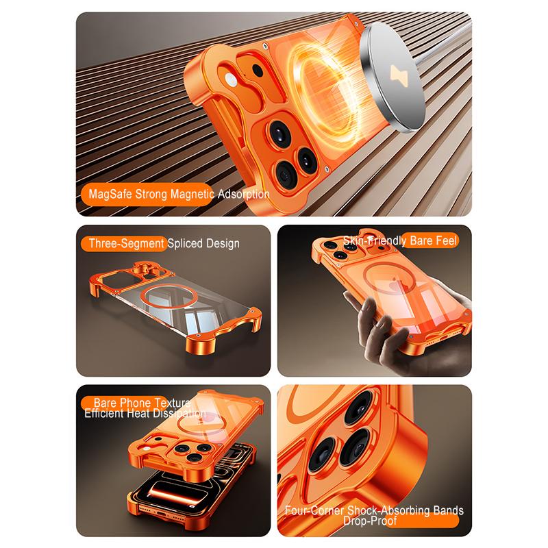 Frameless Magnetic Case For iPhone 17 Air 16 15 Pro Max Magnetic Cover Metal Corner Pad Protection PC HD Transparent Back Panel