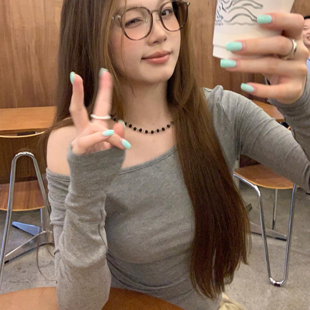 Irregular Collar Long Sleeve T-Shirt Women Basic Solid Off Shoulder TShirt