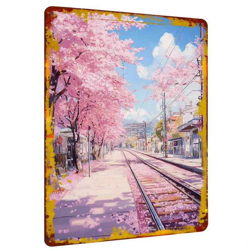 

Japanese Sakura Railway Street View Custom Iron Painting Modern Living Room Wall Art Decor 20x30cm（7.8x11.8inch）
