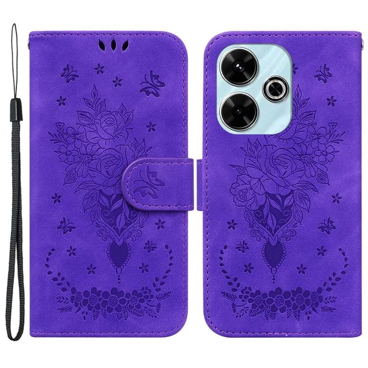 

For Xiaomi Redmi 13 4G / Poco M6 4G Case Butterfly Rose Flower Leather+TPU Protective Phone Cover - Purple