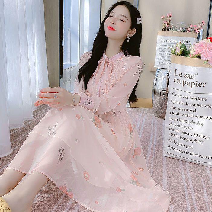 2025 Elegant French Chiffon Floral Print Dress: Women s Spring Style, Waist-Cinching and Slimming Design Medium