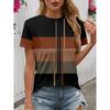 Ummer Round Neck Color - Block Stripe 3D Print Top Fashionable Casual Short Sleeved Women's T-shirts