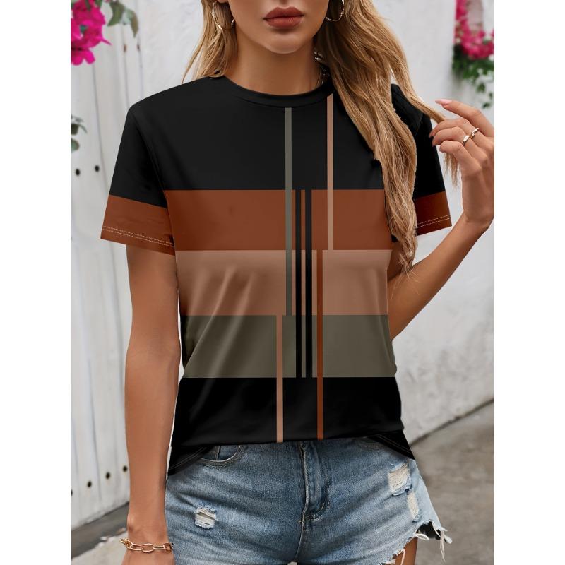 ummer Round Neck Color - Block Stripe 3D Print Top Fashionable Casual Short Sleeved Women's T-shirts