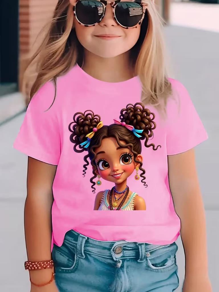 Girls' Summer Crew-Neck Short-Sleeved Top New Black Girls Cute Top Girls Clothes Cartoon Print T-Shirt Top Children's Clothing