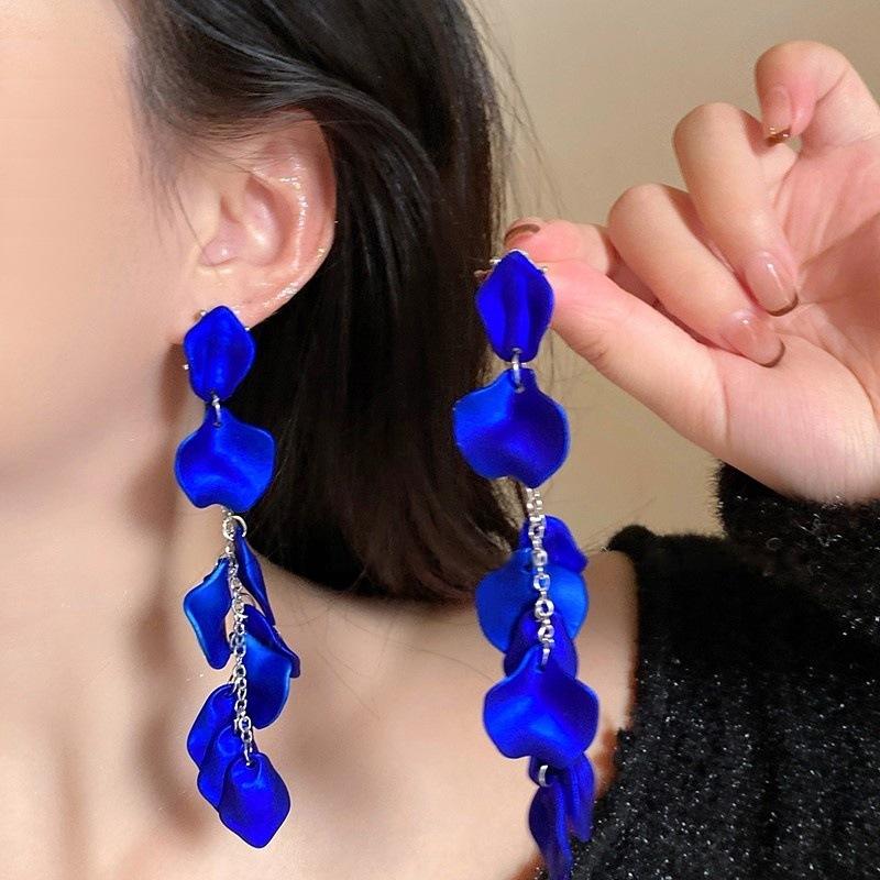 Rose petal earrings exaggerated fashion long fringed earrings women's high-end temperament versatile earrings