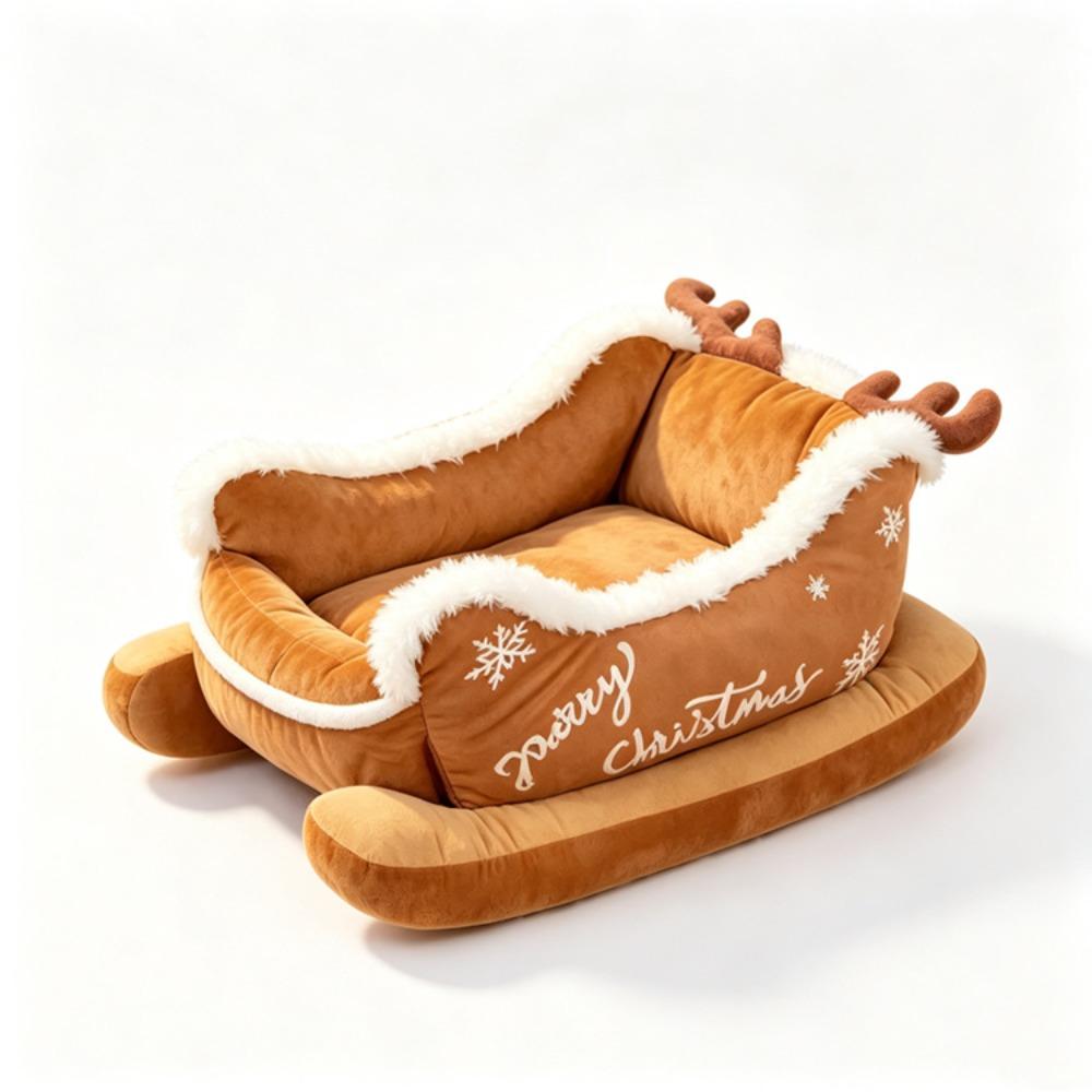 Reindeer Shape Christmas Sleigh Pet Bed Bite Resistant Xmas Sleigh Cat Nest Holiday Gift