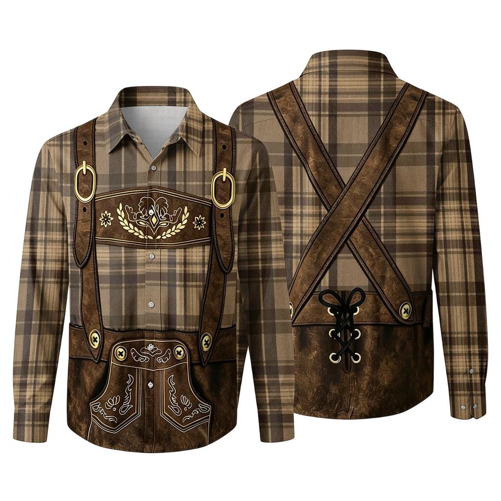 Herren Langarmhemd mit 3D-Druck Karomuster Klassischer Kragen Lockerer Schnitt Vintage-Stil für Festivals Partys und Outdoor-Aktivitäten