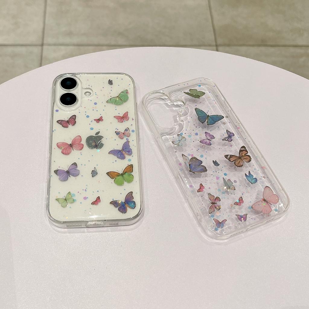 For iPhone 16 Plus Case Anti Drop TPU Phone Back Cover Epoxy Glitter Butterfly