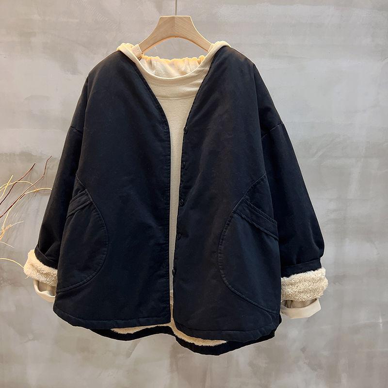 Plus Size Womens Korean Style Everyday Plus Velvet Cotton Coat Womens Autumn and Winter Latest Comfortable Fit and Flesh-covering Versatile Slim L