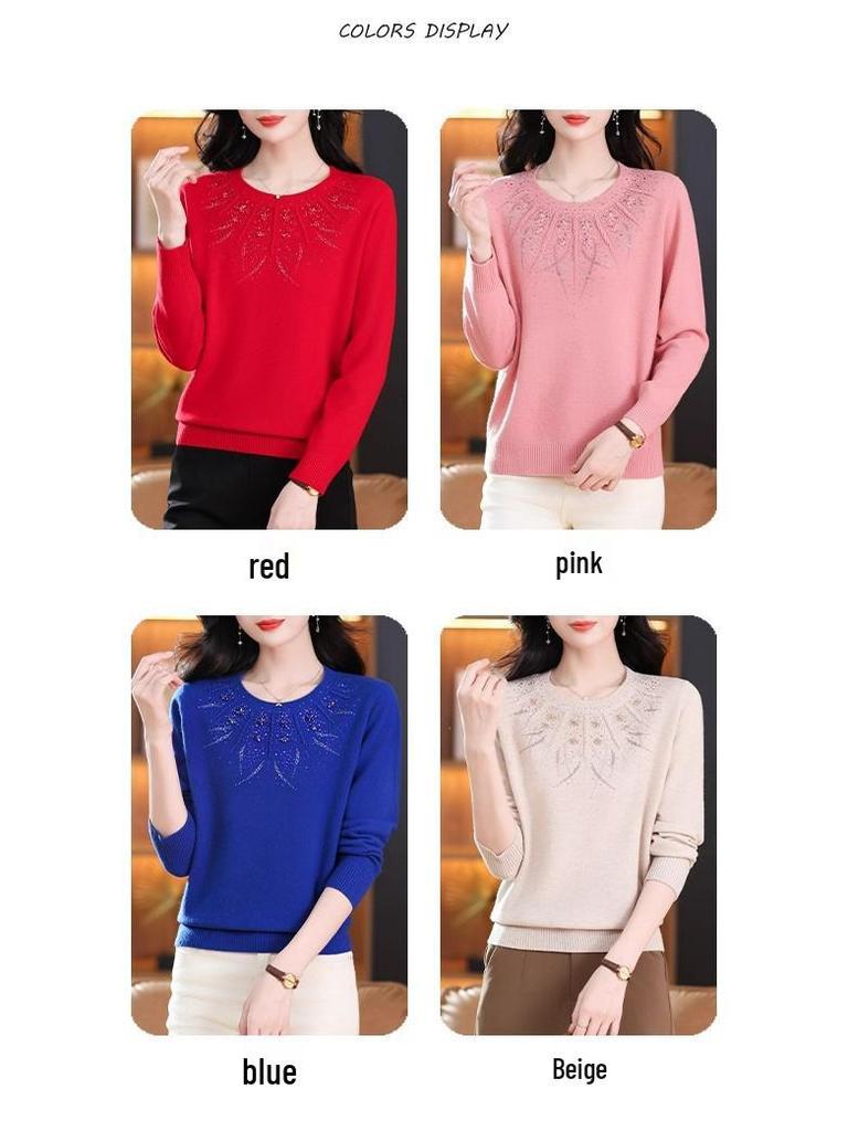 Premium Plus-Size Women's Pure Wool Sweater: Autumn/Winter Low Round Neck for Middle-Aged & Elderly