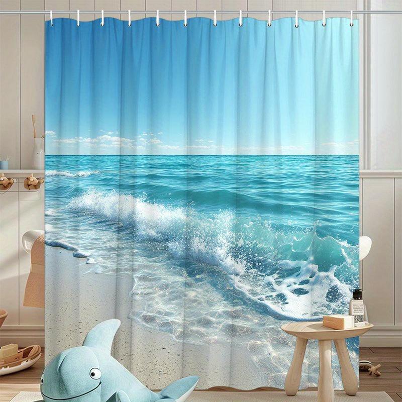 [Beach Shower Curtain] 1Pc Tranquil Beach Scene Shower Curtain - Durable Polyester Fabric, With 12 Hooks, Machine W