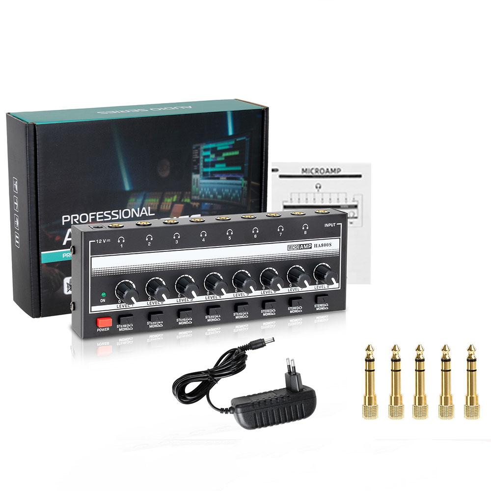 8 Channels Mini Headphone Amplifier Ultra-Compact Stereo Audio Amplifier with Power Adapter Earphone Splitter