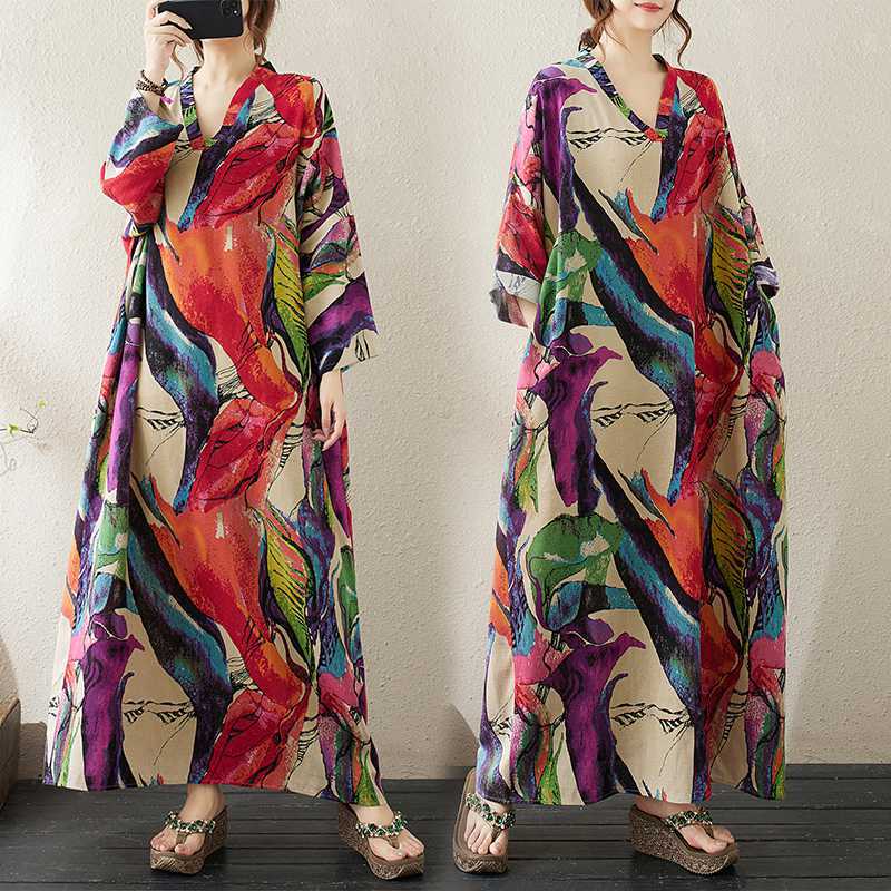 V-neck Loose Plus Size Simple Vacation Style Long Sleeve Women's Beach Dresses