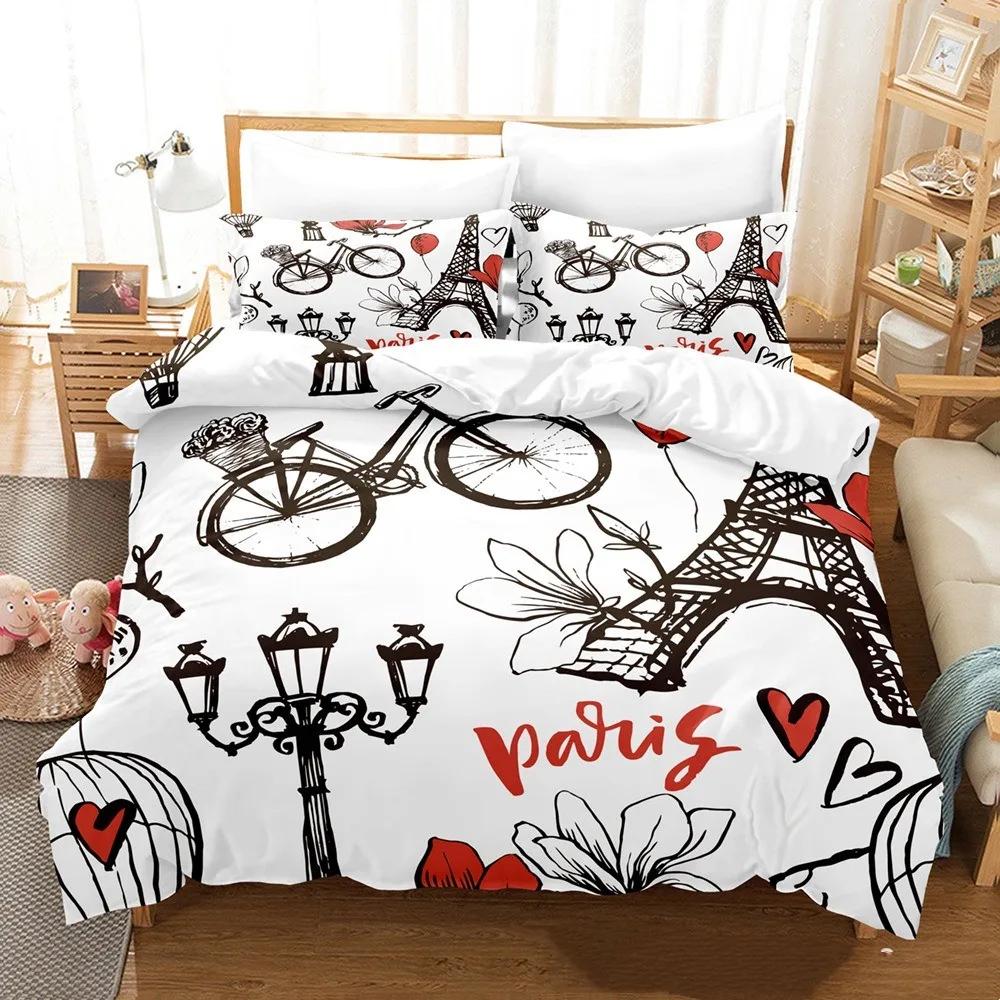 King Comfortable Quilt Cover Set Beding Digital Printing Pink Love Paris Tower Luxurious Bed Linen Set 28*28 Including (duvet Cover+pilowcase