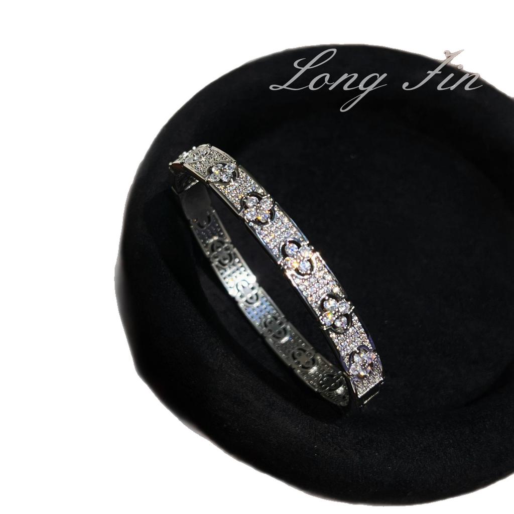 Medieval Style Full Diamond Four-Leaf Flower Point Diamond Bracelet Ring High-Grade Light Luxury Versatile Jewelry