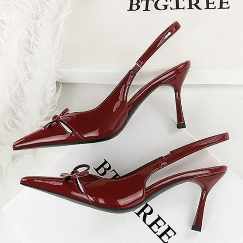 Fashion 2025 Summer Thin Heels Pumps Patent Leather Pointed Fashion Slipper Butterfly Knot Elegant Sandals Mules Shoes Zaptos Mujer