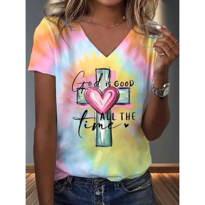 

Женская футболка с принтом Tie Dye, перекрещенное сердце, Бог благ всегда, V-образный вырез, пасхальный наряд, повседневная одежда, машинная стирка, топ S