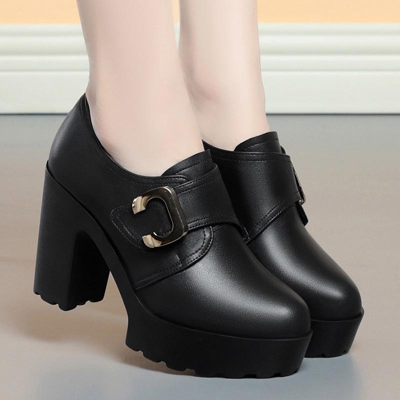 British Style Deep Mouth Soft Leather Chunky Shoes 2025 Spring Block High Heels Shoes Women Oxfords For Office Grace Mode