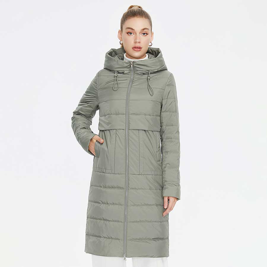 Spring Autumn Women's Long Coat Long Sleeve Quilted Female Solid Color Jacket Windproof Hooded Parka C23609