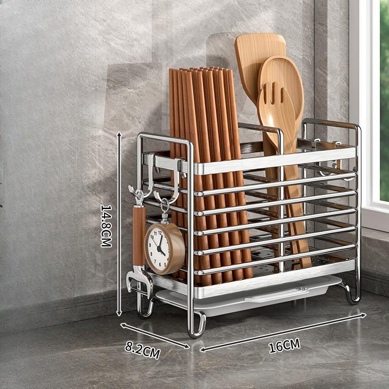Stainless Steel Chopstick Holder with Hole-free Wall-mounted Storage Basket for Tableware and Spoons for Draining Water