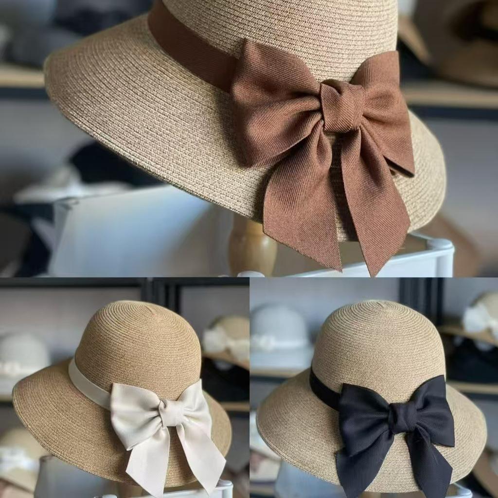 Elegant bow straw hat sweet summer sunshade sunscreen seaside beach hat women's high-end double weave
