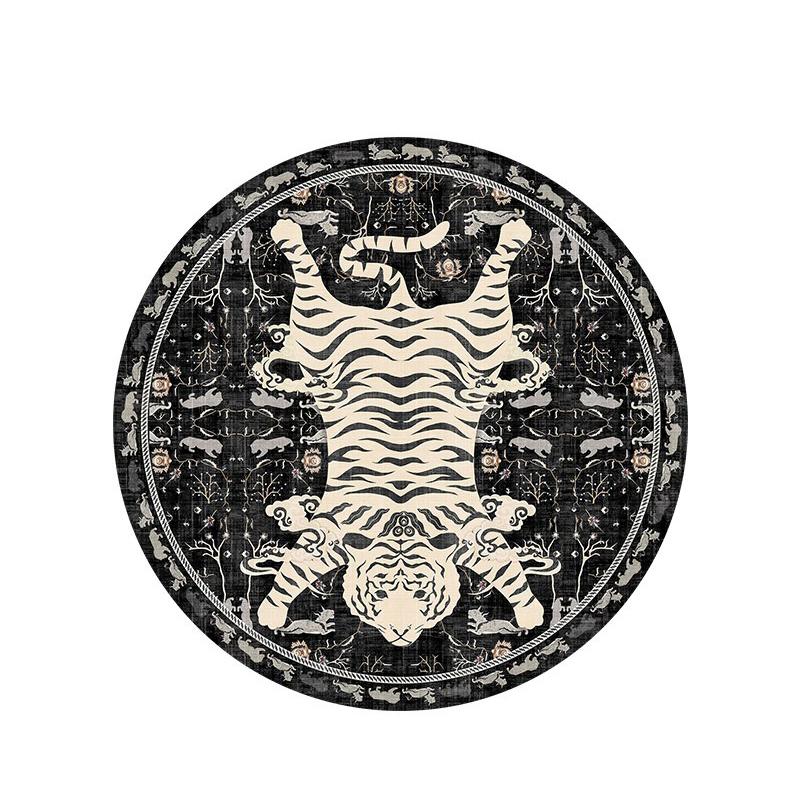 Living Room Carpet Non-slip Machine Washable Soft Comfortable Bedroom Floor Mat Large Size Retro Black and White Tiger Round Rug 60cmx60cm